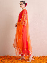 Women's Pink Embroidered Straight Kurta Trouser with Dupatta set