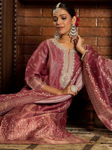 Women's Pink Embroidered Straight Kurta Trouser with Dupatta Set