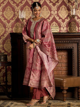 Women's Pink Embroidered Straight Kurta Trouser with Dupatta Set