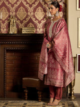 Women's Pink Embroidered Straight Kurta Trouser with Dupatta Set