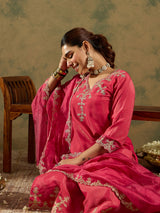 Women's Pink Embroidered Straight Kurta Trouser with Dupatta Set