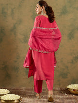 Women's Pink Embroidered Straight Kurta Trouser with Dupatta Set
