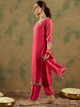 Women's Pink Embroidered Straight Kurta Trouser with Dupatta Set