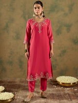 Women's Pink Embroidered Straight Kurta Trouser with Dupatta Set