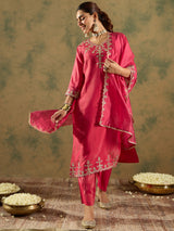 Women's Pink Embroidered Straight Kurta Trouser with Dupatta Set