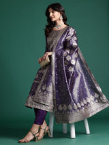 Women's Purple Woven Design Straight Kurta Trouser with Dupatta Set