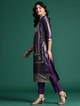 Women's Purple Woven Design Straight Kurta Trouser with Dupatta Set