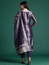 Women's Purple Woven Design Straight Kurta Trouser with Dupatta Set