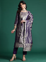Women's Purple Woven Design Straight Kurta Trouser with Dupatta Set