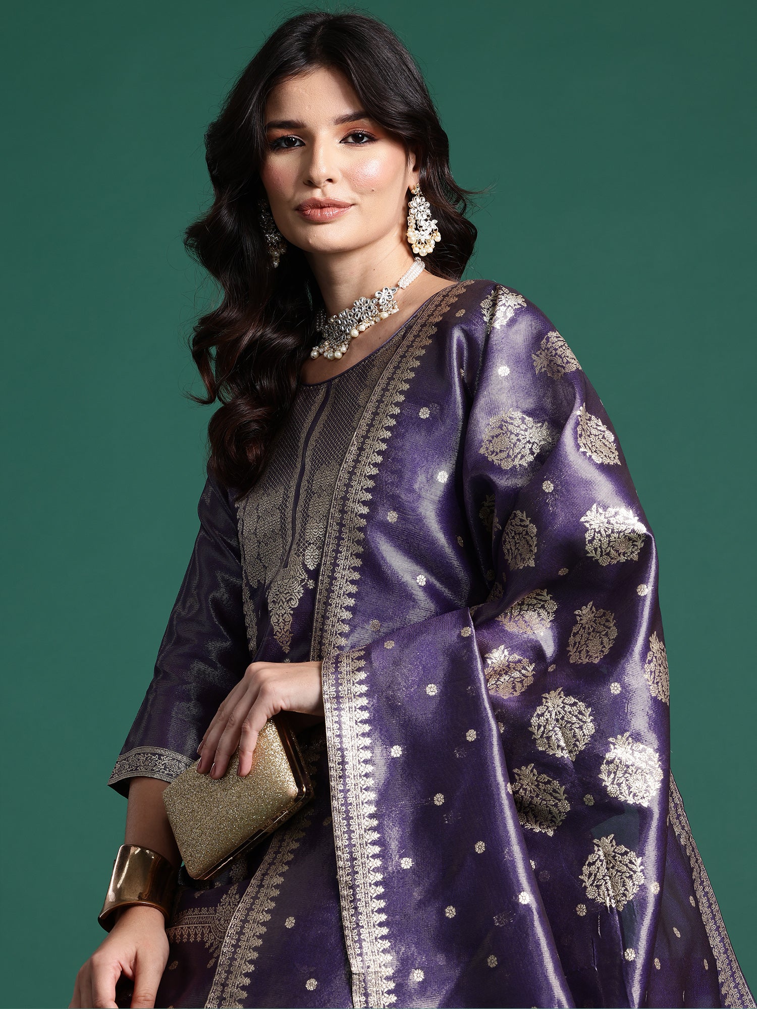 Women's Purple Woven Design Straight Kurta Trouser with Dupatta Set