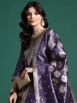 Women's Purple Woven Design Straight Kurta Trouser with Dupatta Set