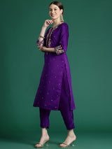 Women's Purple Embroidered Straight Kurta Trouser with Dupatta Set