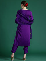 Women's Purple Embroidered Straight Kurta Trouser with Dupatta Set