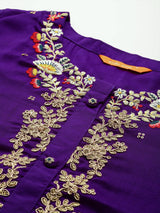Women's Purple Embroidered Straight Kurta Trouser with Dupatta Set