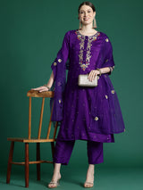 Women's Purple Embroidered Straight Kurta Trouser with Dupatta Set