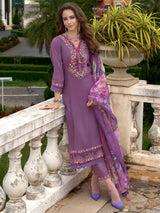 Women's Purple Embroidered A-Line Kurta Trouser with Dupatta Set
