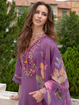 Women's Purple Embroidered A-Line Kurta Trouser with Dupatta Set
