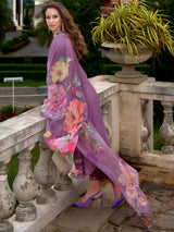 Women's Purple Embroidered A-Line Kurta Trouser with Dupatta Set