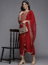 Women's Red Embroidered Straight Kurta Palazzos with Dupatta Set