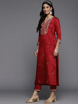 Women's Red Embroidered Straight Kurta Palazzos with Dupatta Set