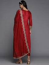 Women's Red Embroidered Straight Kurta Palazzos with Dupatta Set
