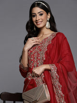 Women's Red Embroidered Straight Kurta Palazzos with Dupatta Set