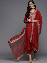 Women's Red Embroidered Straight Kurta Palazzos with Dupatta Set