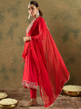 Women's Red Embroidered Straight Kurta Trouser with Dupatta Set
