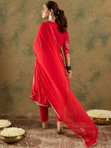 Women's Red Embroidered Straight Kurta Trouser with Dupatta Set