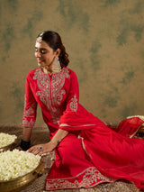 Women's Red Embroidered Straight Kurta Trouser with Dupatta Set