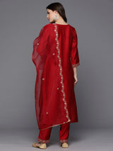 Women's Red Embroidered Straight Kurta Trouser with Dupatta Set