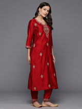Women's Red Embroidered Straight Kurta Trouser with Dupatta Set