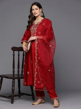 Women's Red Embroidered Straight Kurta Trouser with Dupatta Set