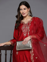 Women's Red Embroidered Straight Kurta Trouser with Dupatta Set