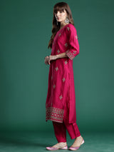 Women's Pink Straight Embroidered Kurta Trouser with Dupatta Set