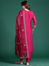 Women's Pink Straight Embroidered Kurta Trouser with Dupatta Set