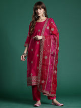 Women's Pink Straight Embroidered Kurta Trouser with Dupatta Set