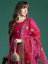 Women's Pink Straight Embroidered Kurta Trouser with Dupatta Set
