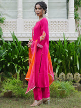 Women's Pink Embroidered Straight Kurta Trouser with Dupatta Set