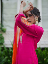 Women's Pink Embroidered Straight Kurta Trouser with Dupatta Set