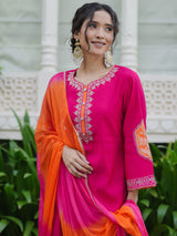 Women's Pink Embroidered Straight Kurta Trouser with Dupatta Set