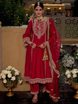 Women's Pink Embroidered A-Line Kurta Trouser with Dupatta Set