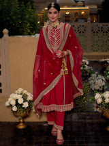 Women's Pink Embroidered A-Line Kurta Trouser with Dupatta Set