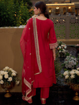Women's Pink Embroidered A-Line Kurta Trouser with Dupatta Set