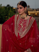 Women's Pink Embroidered A-Line Kurta Trouser with Dupatta Set