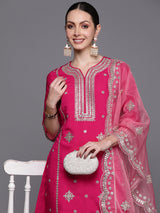 Women's Pink Embroidered Straight Kurta Trouser with Dupatta  Set