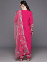 Women's Pink Embroidered Straight Kurta Trouser with Dupatta  Set