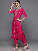 Women's Pink Embroidered Straight Kurta Trouser with Dupatta  Set