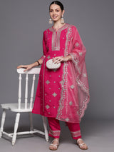 Women's Pink Embroidered Straight Kurta Trouser with Dupatta  Set