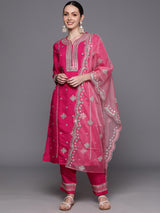 Women's Pink Embroidered Straight Kurta Trouser with Dupatta  Set